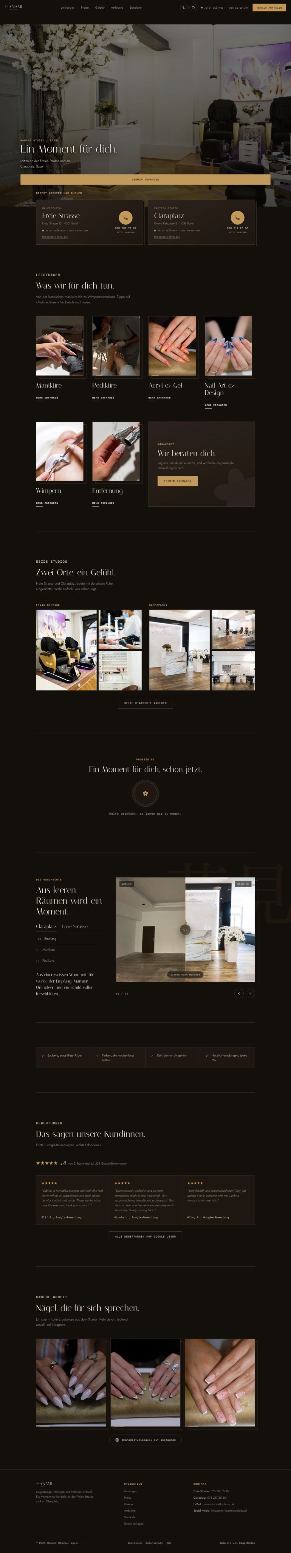 Komplette Startseite der Website Hanami Studio